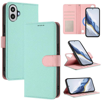 Mint green textured vegan leather wallet phone case with pink magnetic strap