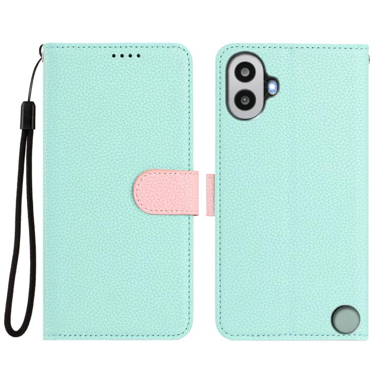 Light mint textured folio phone case with pink snap tab and black wrist strap