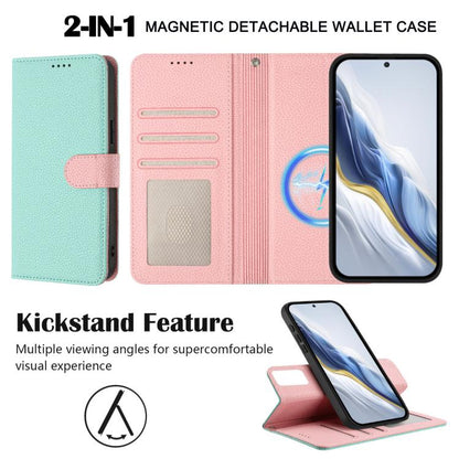 Mint and pink magnetic detachable wallet phone case with card slots and kickstand