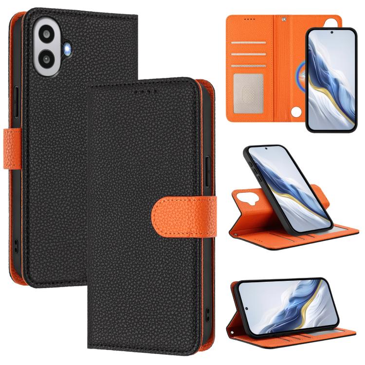 Black textured wallet phone case with orange interior and orange magnetic strap