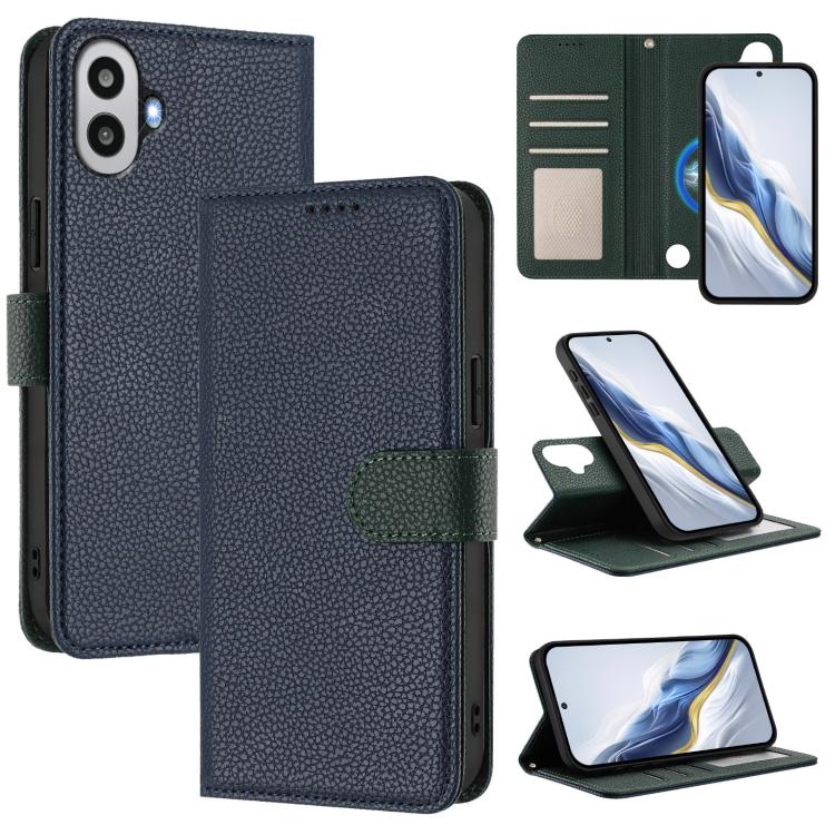 Dark blue textured wallet phone case with green interior and magnetic strap