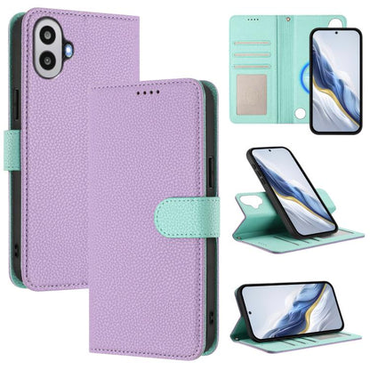 Lilac litchi-texture magnetic vegan leather phone wallet case with mint strap