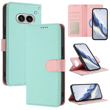 Mint litchi-texture magnetic vegan leather phone wallet case with pink strap