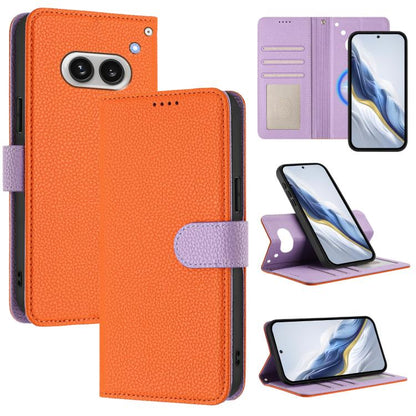 Orange litchi-texture magnetic vegan leather phone wallet case with lavender strap