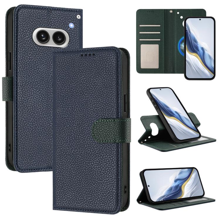 Navy litchi-texture magnetic vegan leather phone wallet case with green strap