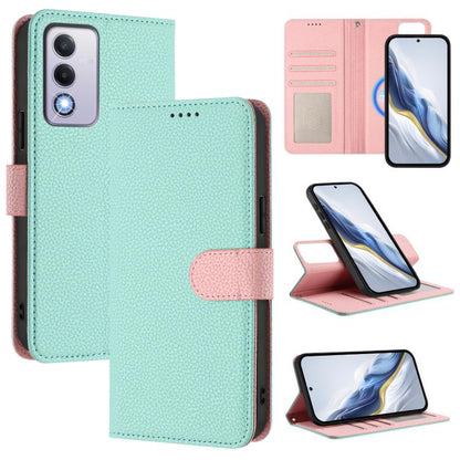Mint green magnetic vegan leather phone wallet case with pink snap strap and card slot