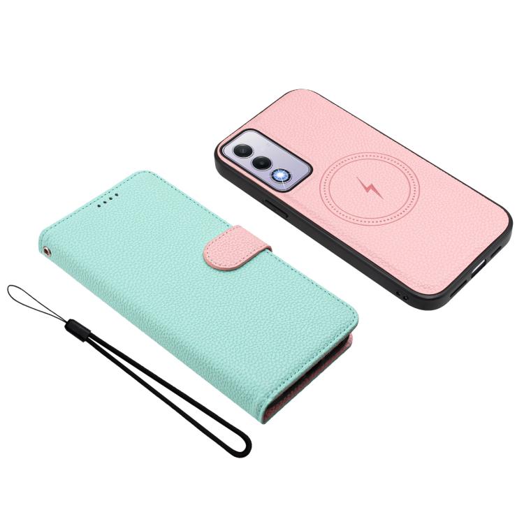 Mint and pink magnetic vegan leather phone wallet case with detachable side card holder