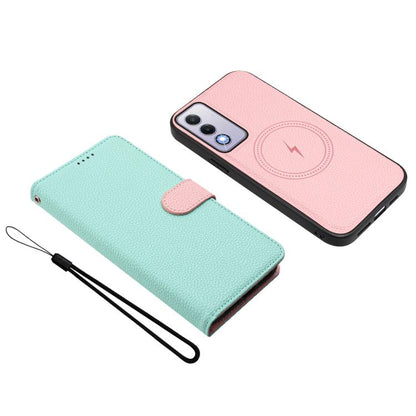 Mint and pink magnetic vegan leather phone wallet case with detachable side card holder