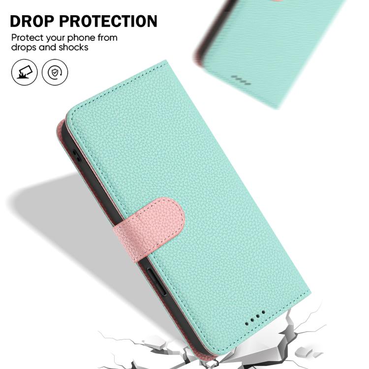 Mint green vegan leather phone wallet case with pink magnetic clasp and protective cover