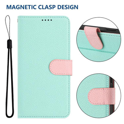 Mint green magnetic phone wallet case with pink clasp strap and wrist lanyard