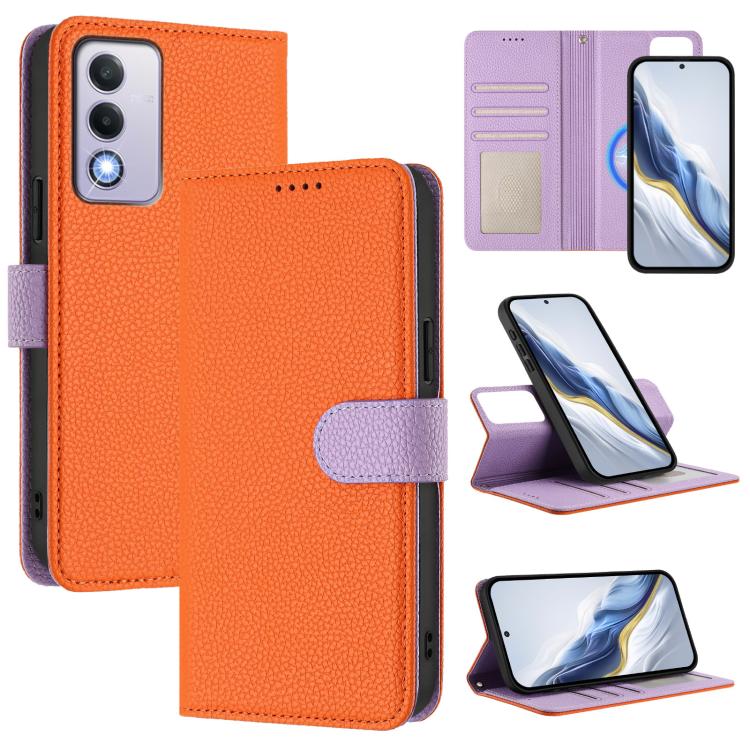 Orange magnetic vegan leather phone wallet case with purple accent and card slot