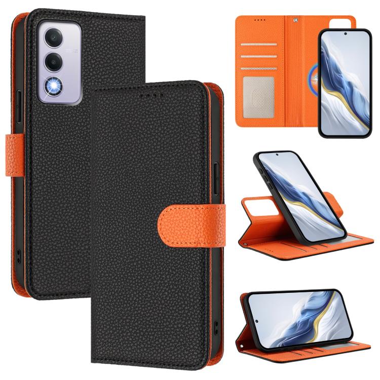 Black magnetic vegan leather phone wallet case with orange accent strap and card slot