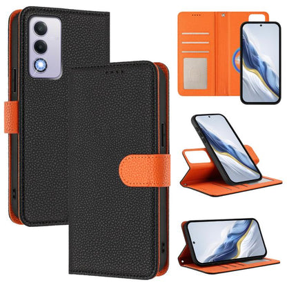Black magnetic vegan leather phone wallet case with orange accent strap and card slot