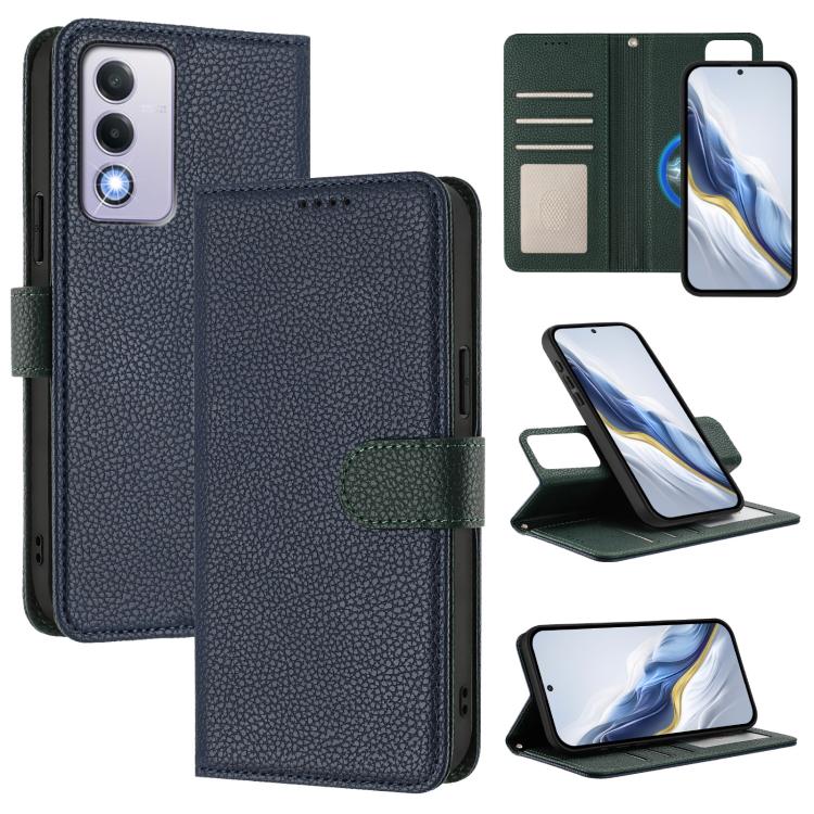Dark blue magnetic vegan leather phone wallet case with green accent strap and card slot