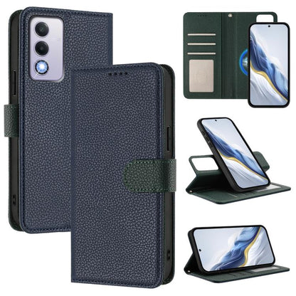 Dark blue magnetic vegan leather phone wallet case with green accent strap and card slot
