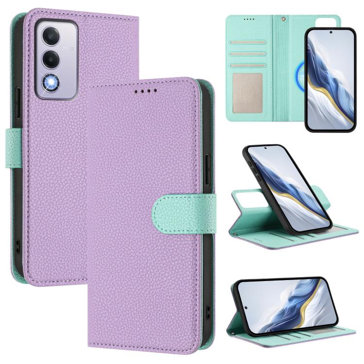 Purple litchi-texture magnetic folio phone case with mint strap and card slot