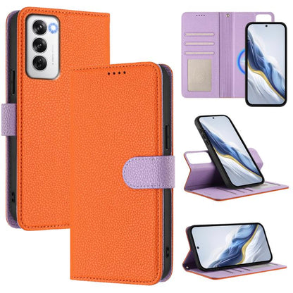 Orange litchi-texture magnetic folio phone case with purple side strap and detachable stand