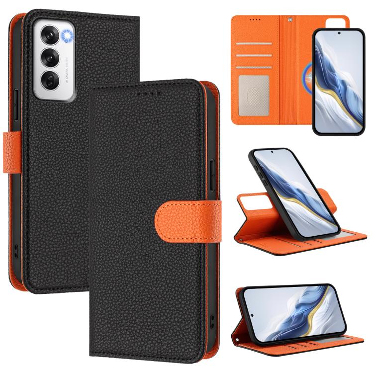 Magnetic phone wallet case with textured vegan leather, black with orange strap and stand