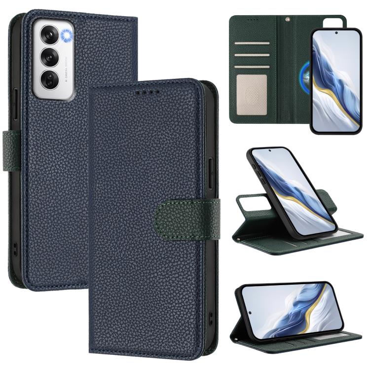 Magnetic phone wallet case with textured vegan leather, dark blue with dark green strap and stand
