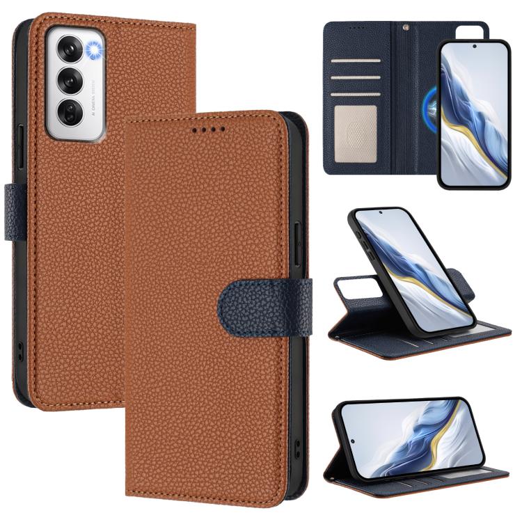 Magnetic phone wallet case with textured vegan leather, brown with dark blue strap and stand