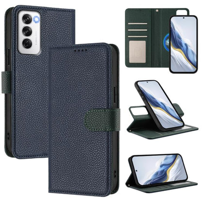 Navy blue litchi-texture magnetic folio phone case with green side strap and card pocket