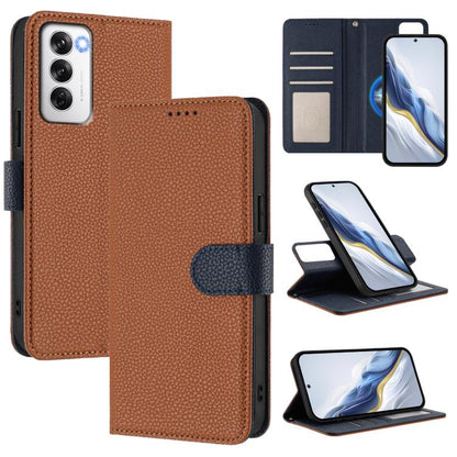 Brown litchi-texture magnetic folio phone case with gray side strap and detachable stand