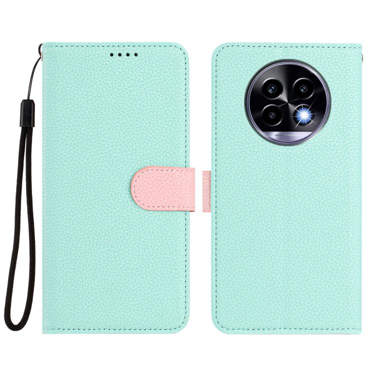 Mint green litchi-texture vegan leather phone case with pink magnetic strap