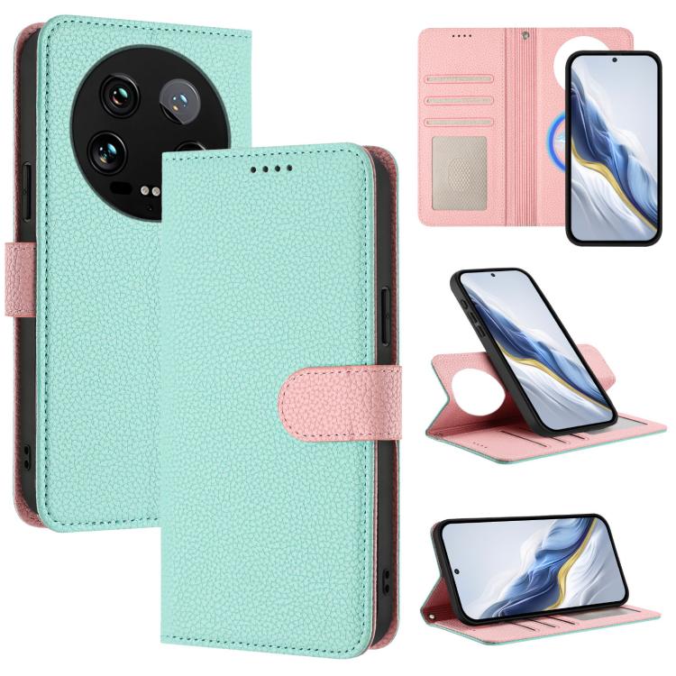Mint green litchi-texture vegan leather phone wallet case with pink magnetic strap