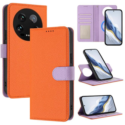 Orange litchi-texture vegan leather phone wallet case with purple magnetic strap