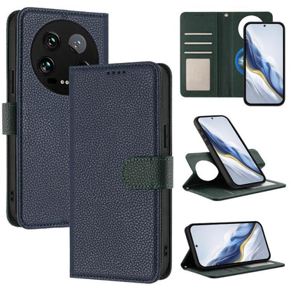 Navy litchi-texture vegan leather phone wallet case with dark green magnetic strap