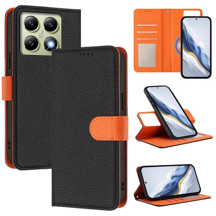 Litchi-textured magnetic vegan leather phone case, folio wallet with orange accents, black