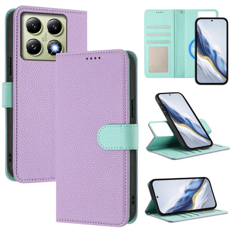 Litchi-textured magnetic vegan leather phone case, folio wallet with mint accents, purple