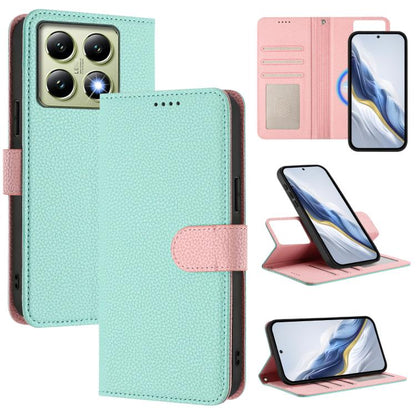 Detachable litchi texture magnetic vegan leather phone case, mint green with pink accents.