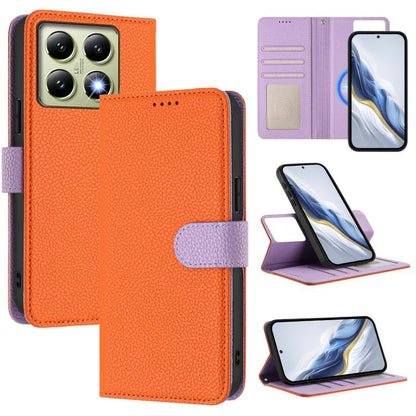 Detachable litchi texture magnetic vegan leather phone case, orange with purple accents.