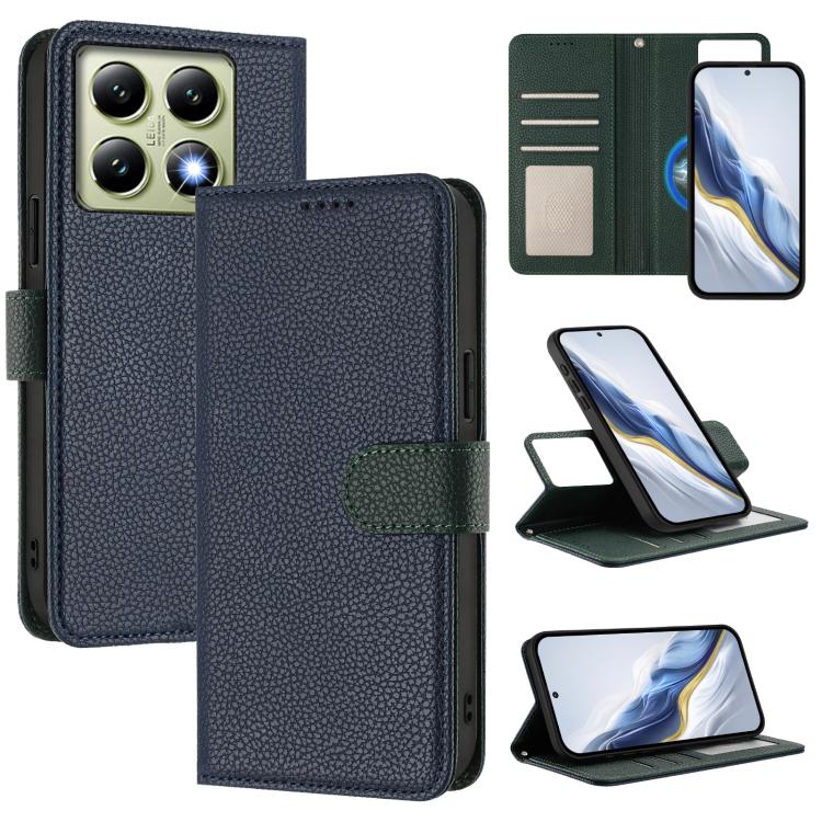 Litchi-textured magnetic vegan leather phone case, folio wallet with green accents, navy