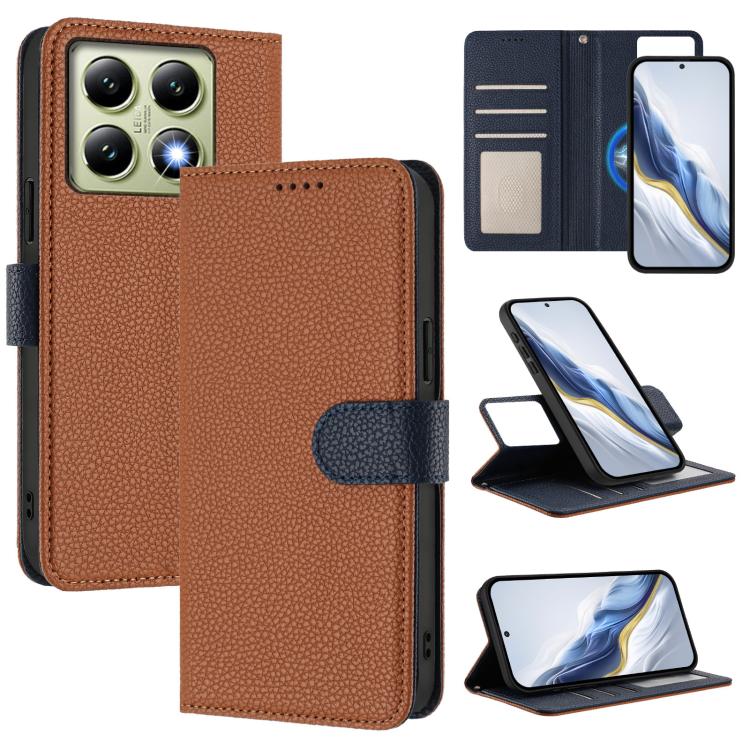 Litchi-textured magnetic vegan leather phone case, folio wallet with dark accents, brown