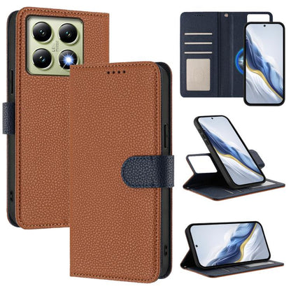 Litchi-textured magnetic vegan leather phone case, folio wallet with dark accents, brown