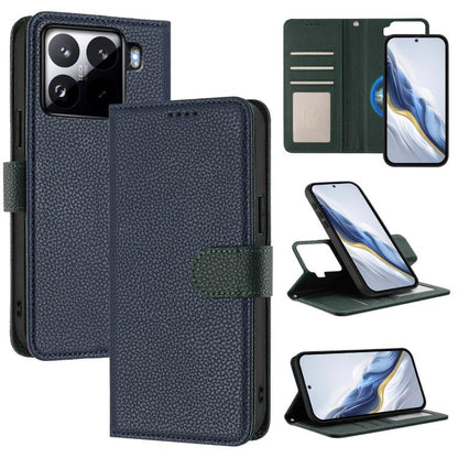 Detachable litchi texture magnetic vegan leather phone case, dark blue with dark green accents.