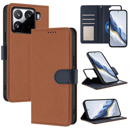 Detachable litchi texture magnetic vegan leather phone case, brown with dark blue accents.