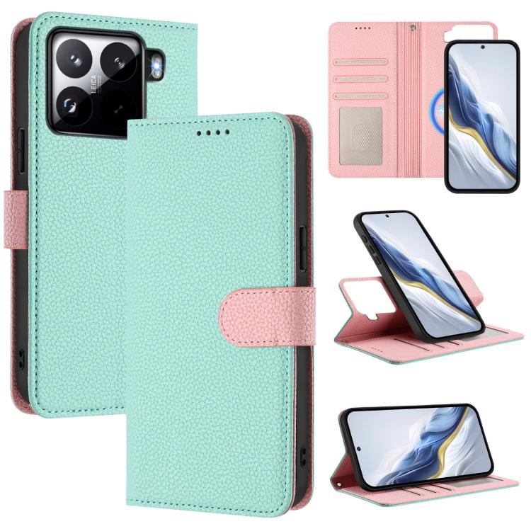 Mint green textured vegan leather phone wallet case with pink magnetic strap