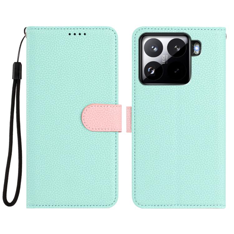Mint green litchi-texture phone wallet case with pink magnetic tab and wrist strap