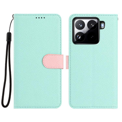 Mint green litchi-texture phone wallet case with pink magnetic tab and wrist strap