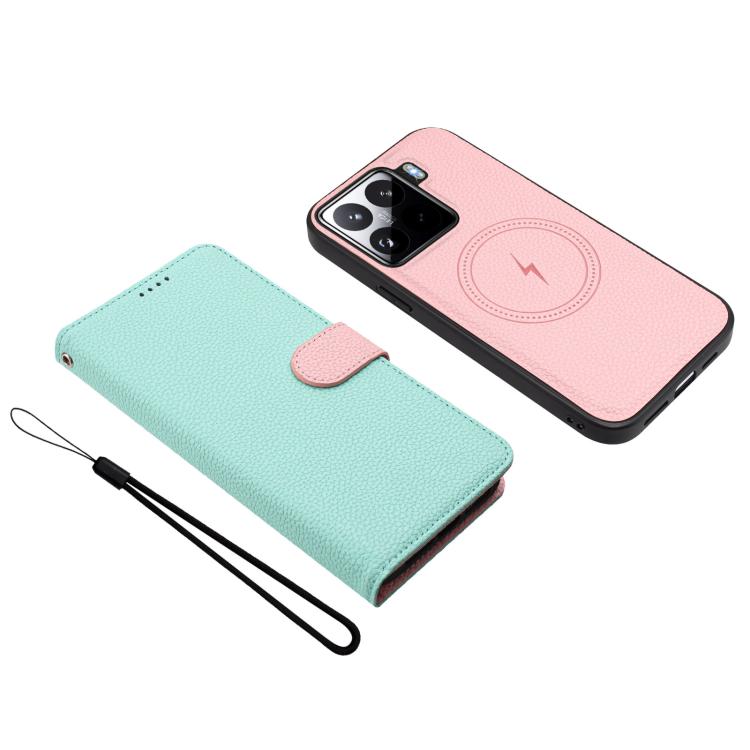 Two-piece textured phone wallet cases: mint green with pink tab, and pink with kickstand