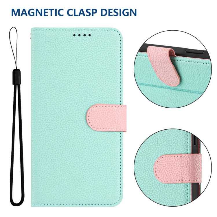 Mint green vegan leather phone wallet case with pink magnetic clasp and wrist strap