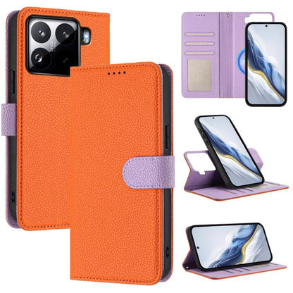 Orange textured phone wallet case with purple cardholder side and pink magnetic tab