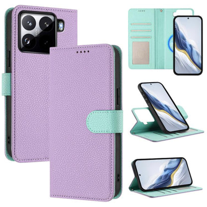 Detachable litchi texture magnetic vegan leather phone case, purple with mint accents.