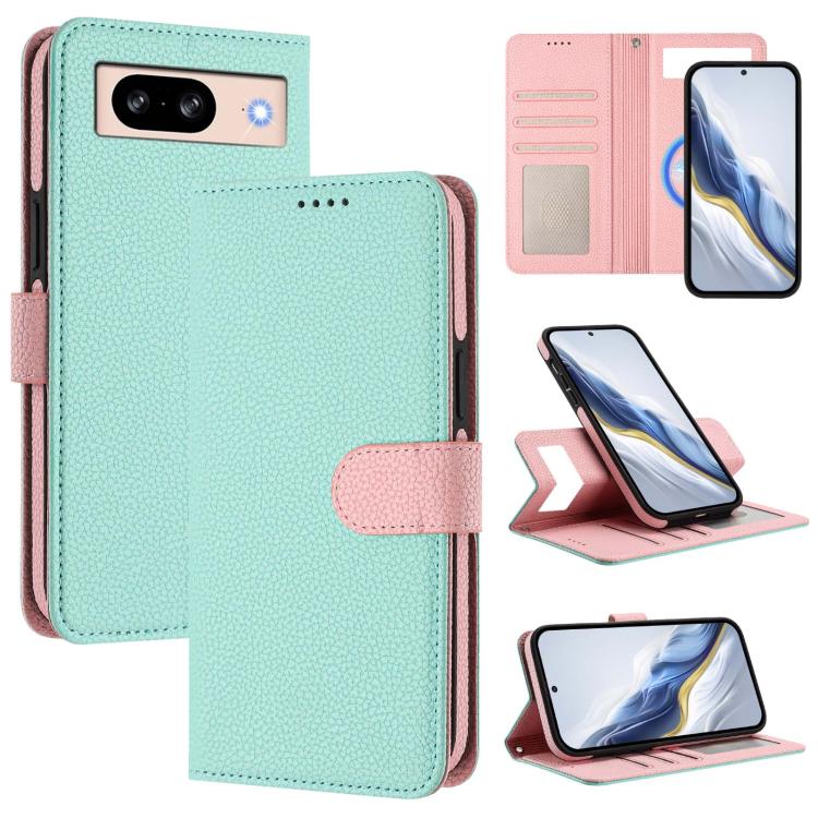 Litchi-texture magnetic wallet phone case in mint green with pink side patch and strap