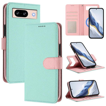Litchi-texture magnetic wallet phone case in mint green with pink side patch and strap