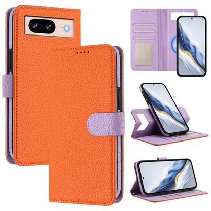 Litchi-texture magnetic wallet phone case in orange with purple side patch and strap