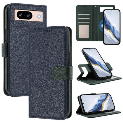 Litchi-texture magnetic wallet phone case in dark blue with green side patch and strap